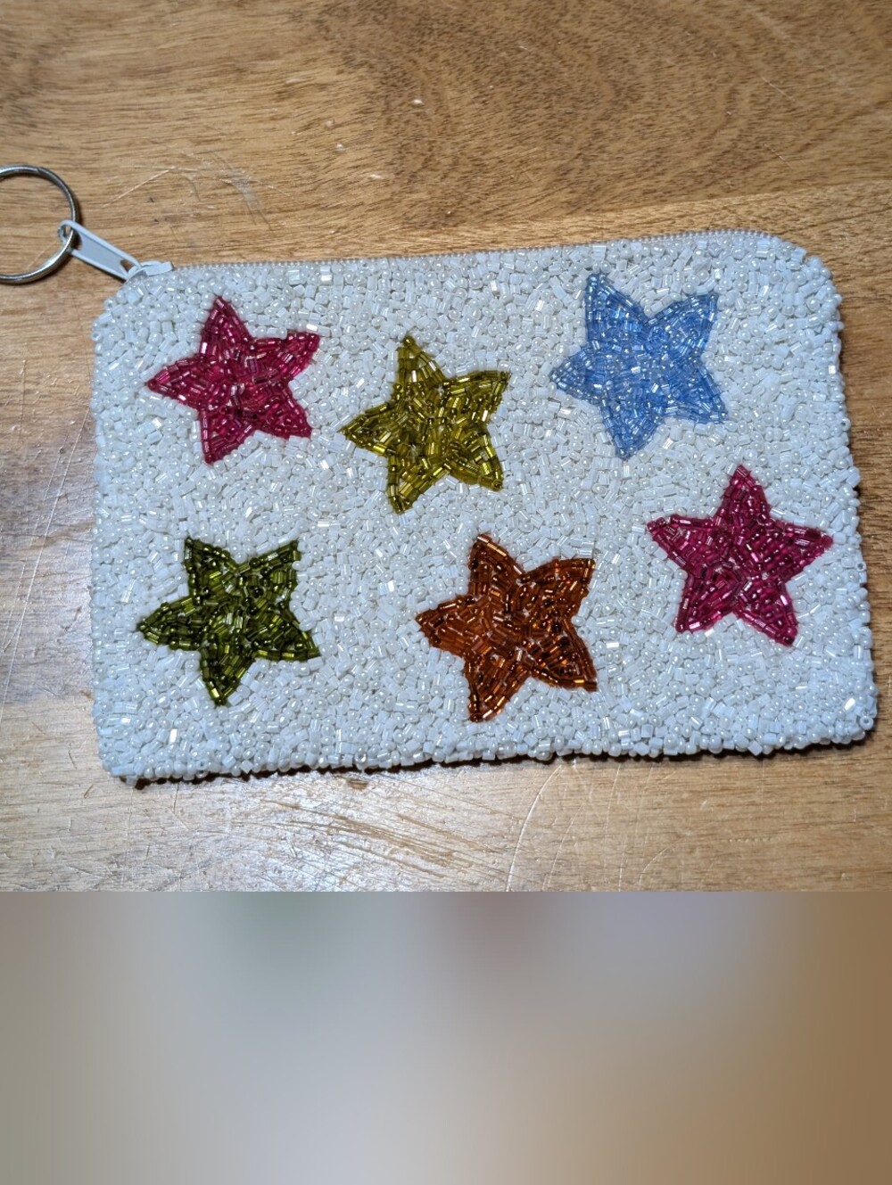 Moyna Beaded Star Keyring Pouch in White with Multicolor Stars